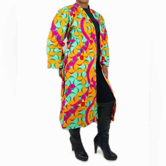 African Print Ankara Multicolor Belted Midi Cotton Blazer - Picture 6 of 8